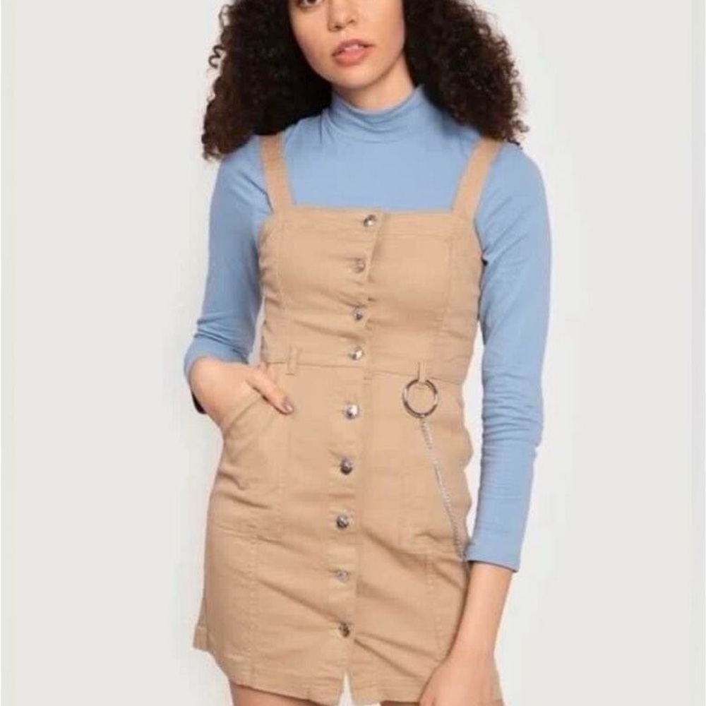 H&M Dungaree Button Up Tan Denim Pinafore Mini Dress XXS Boho Y2K